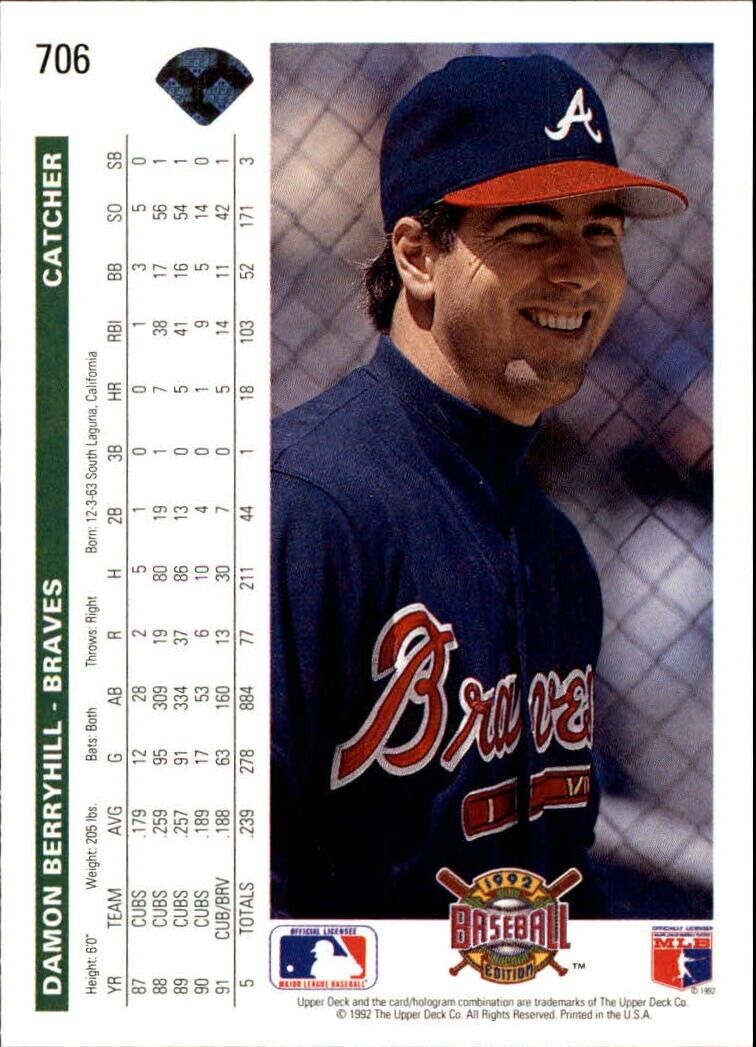 Damon Berryhill 1992 Upper Deck MLB #706 Baseball Card Atlanta Braves