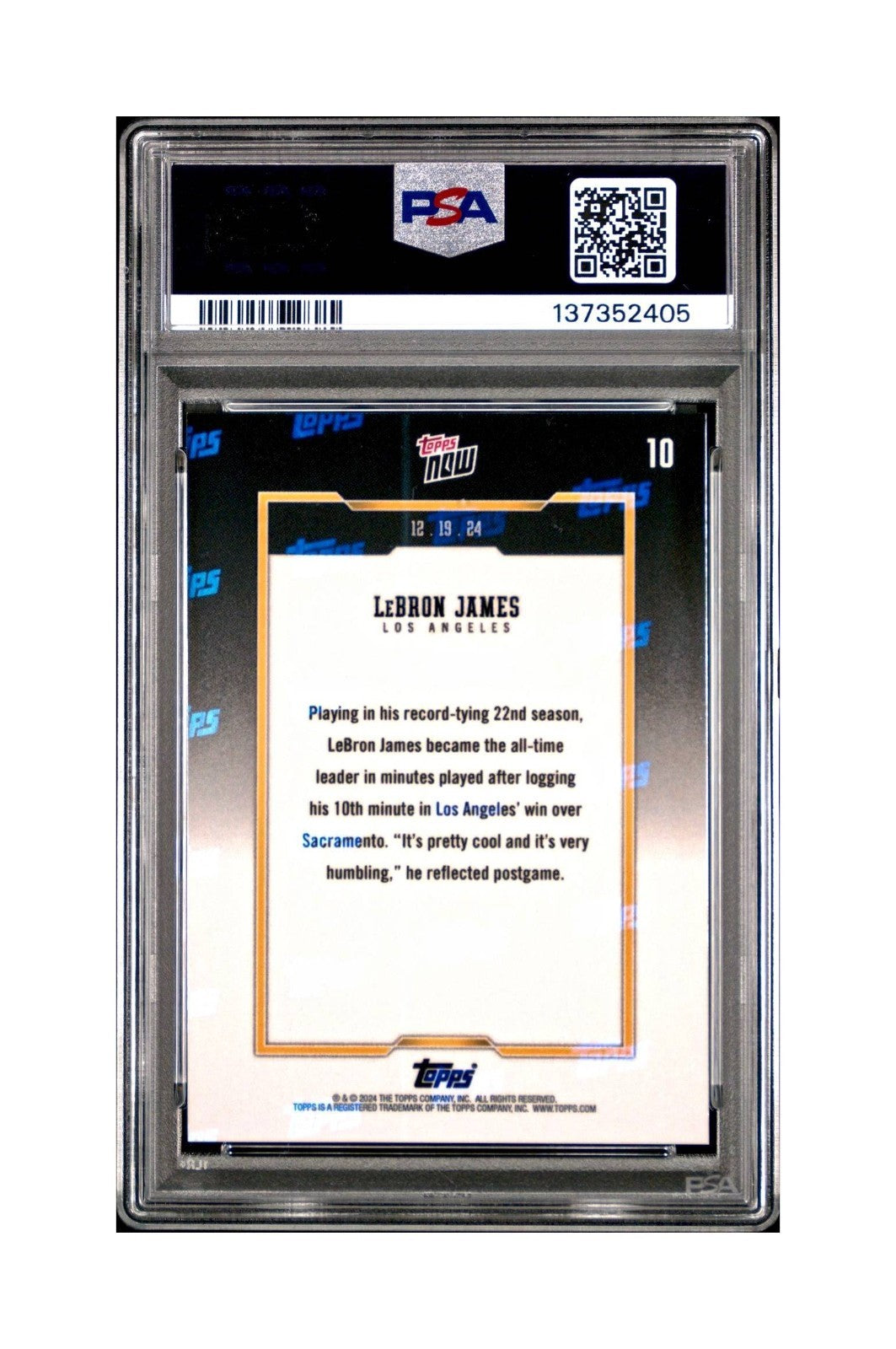 LeBron James 2024 Topps Now #10 All-Time Leader Minutes Played PSA 10 Gem Mint