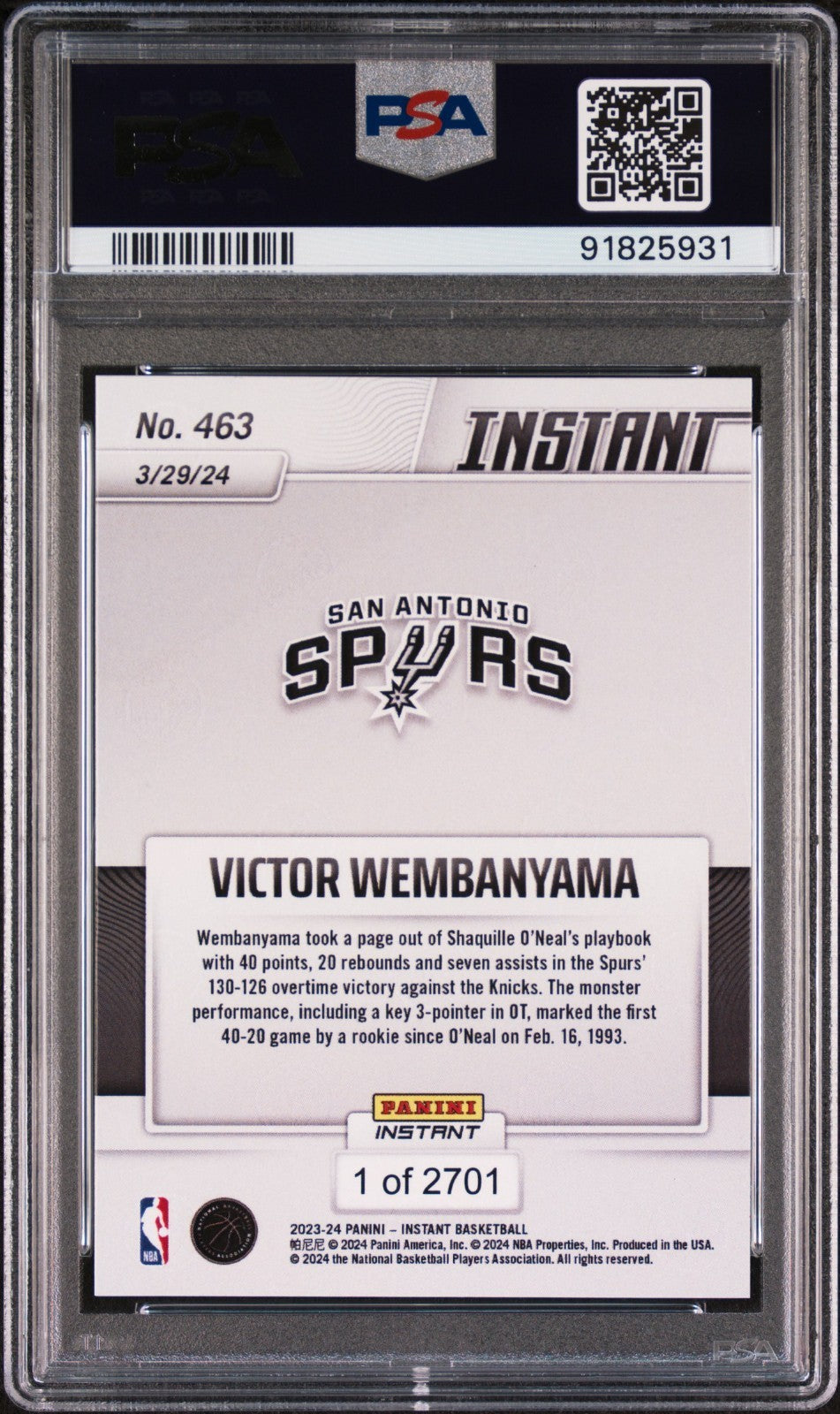 Victor Wembanyama 2023-24 Panini #463 NBA Rookie Card 1 of 2701 PSA 10 Gem Mint