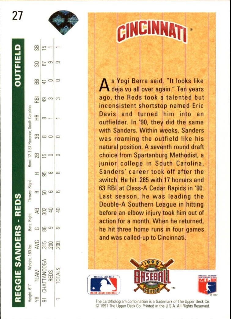 Reggie Sanders 1992 Upper Deck MLB #27 Baseball Card Cincinnati Reds