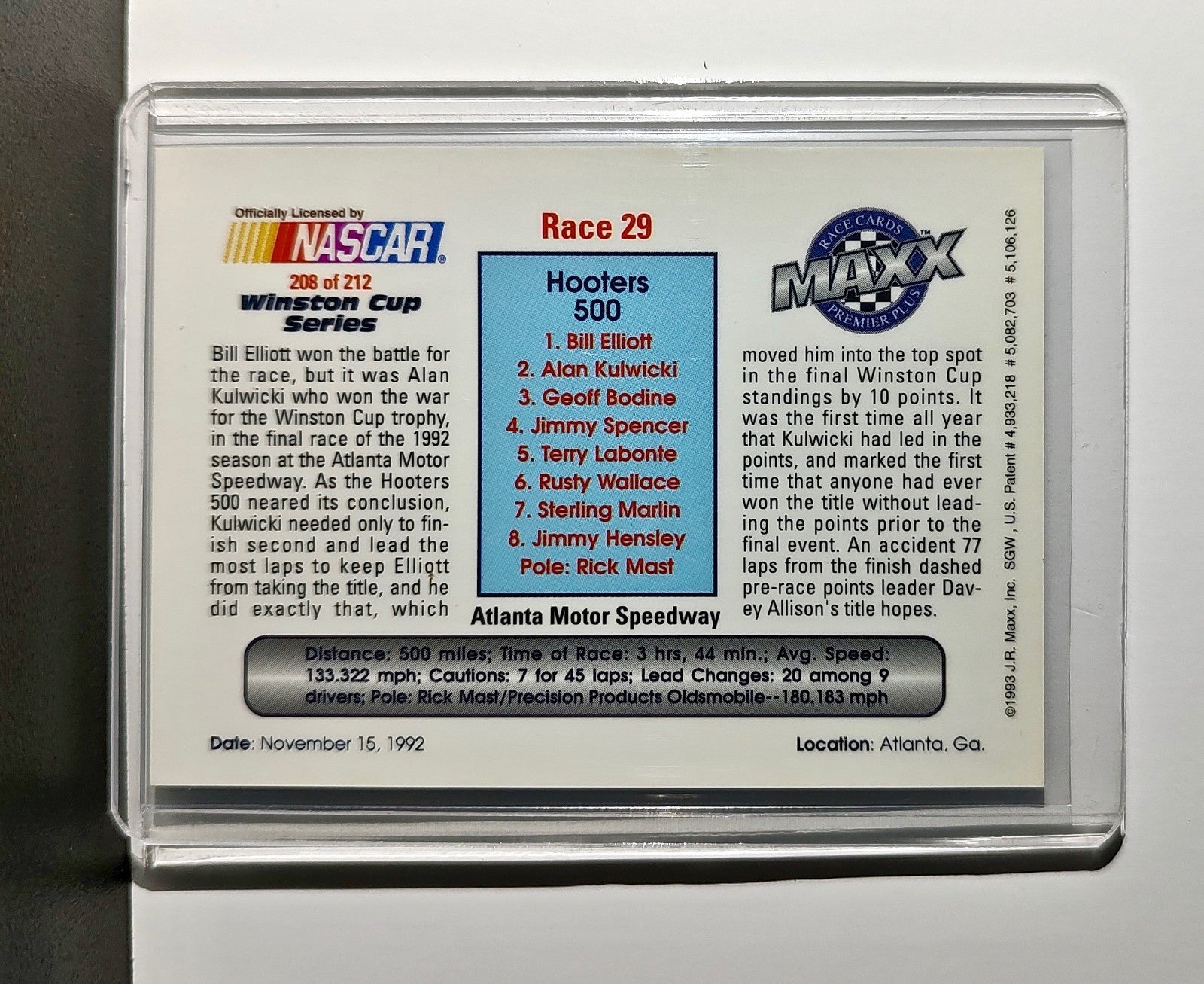 Race 29 Atlanta YR 1993 Maxx Premier Plus Racing #208 NASCAR Card Junior Johnson