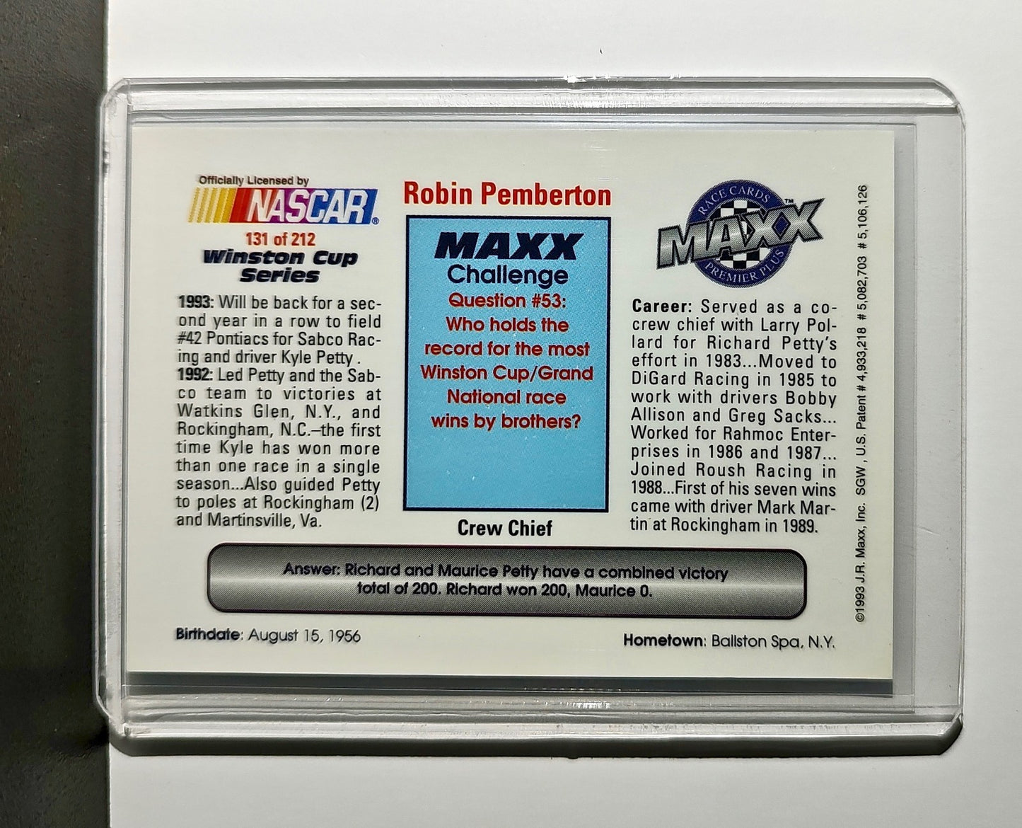 Robin Pemberton 1993 Maxx Premier Plus Racing #131 NASCAR Card SABCO Racing
