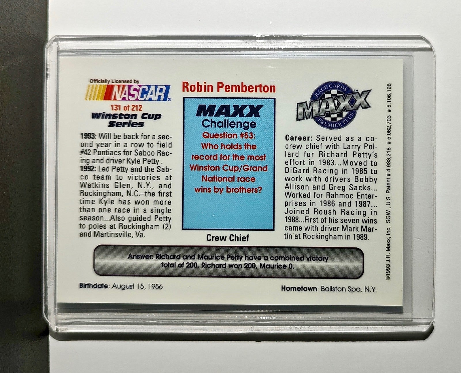 Robin Pemberton 1993 Maxx Premier Plus Racing #131 NASCAR Card SABCO Racing
