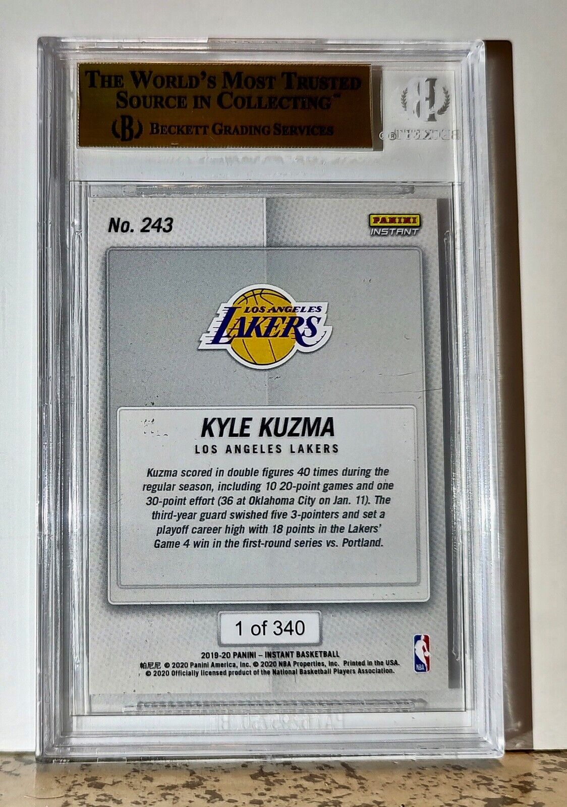 Kyle Kuzma 2019-20 Panini NBA #243 Card 1 of 340 BGS 9.5 Gem Mint LA Lakers