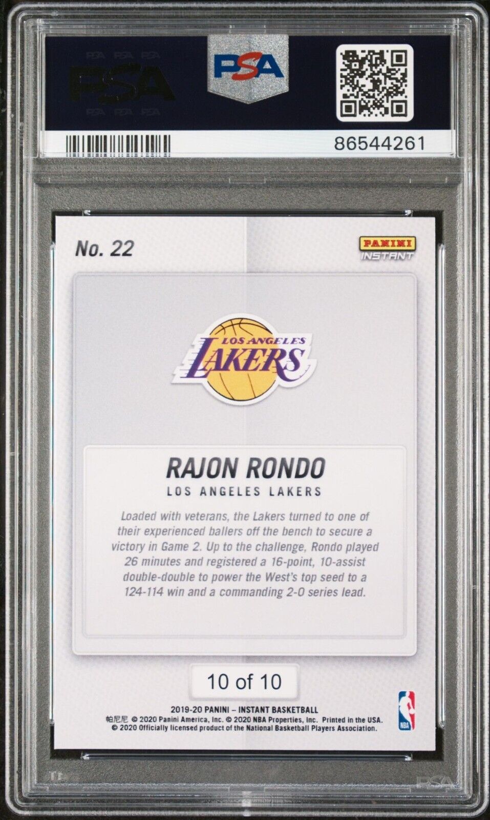 Rajon Rondo 2020 Panini LA Lakers NBA Champions #22 Green Card 10/10 PSA 9 Mint