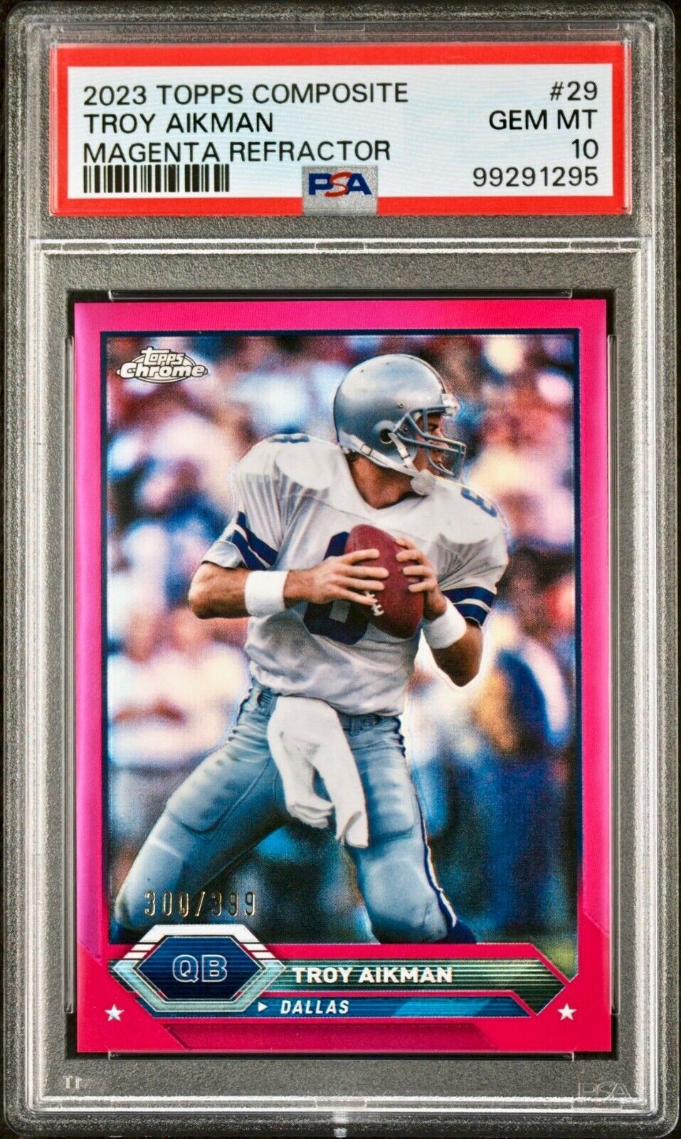 Troy Aikman 2023 Topps Chrome NFL #29 Magenta Refractor 300/399 Card PSA 10 Gem