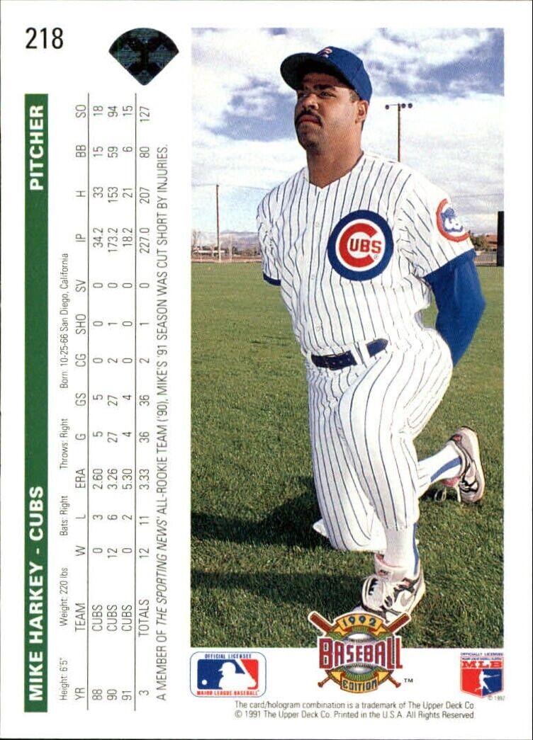 Mike Harkey 1992 Upper Deck MLB #218 Baseball Card Chicago Cubs