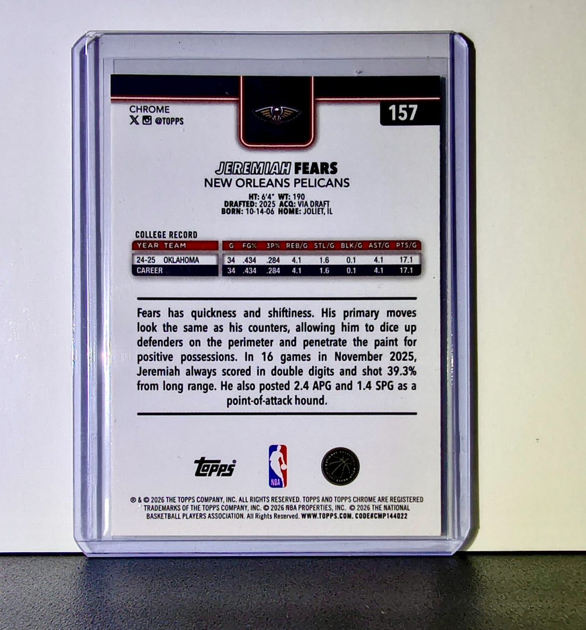 Jeremiah Fears Rookie 2025-26 NBA Topps Chrome Update Basketball Refractor #157 