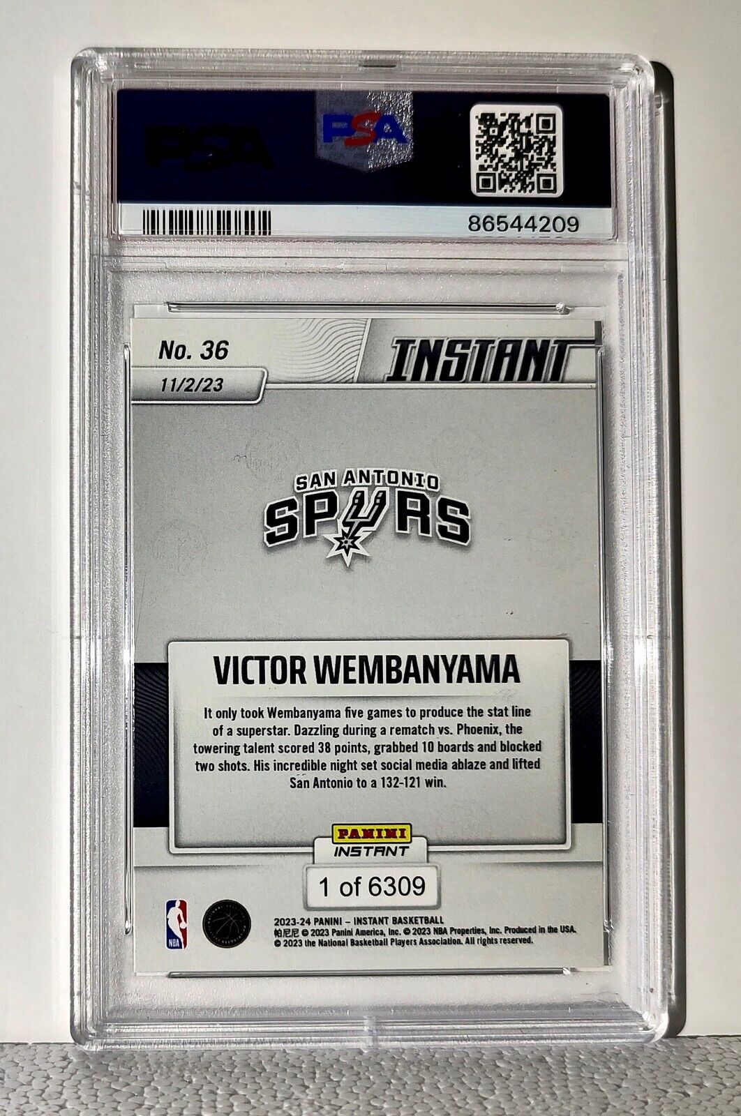 Victor Wembanyama 2023-24 Panini #36 NBA Rookie Card Spurs 1 of 6309 PSA 9 Mint