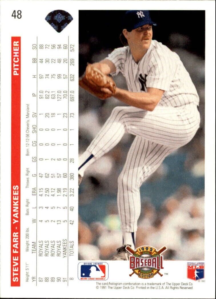 Steve Farr 1992 Upper Deck MLB #48 Baseball Card New York Yankees