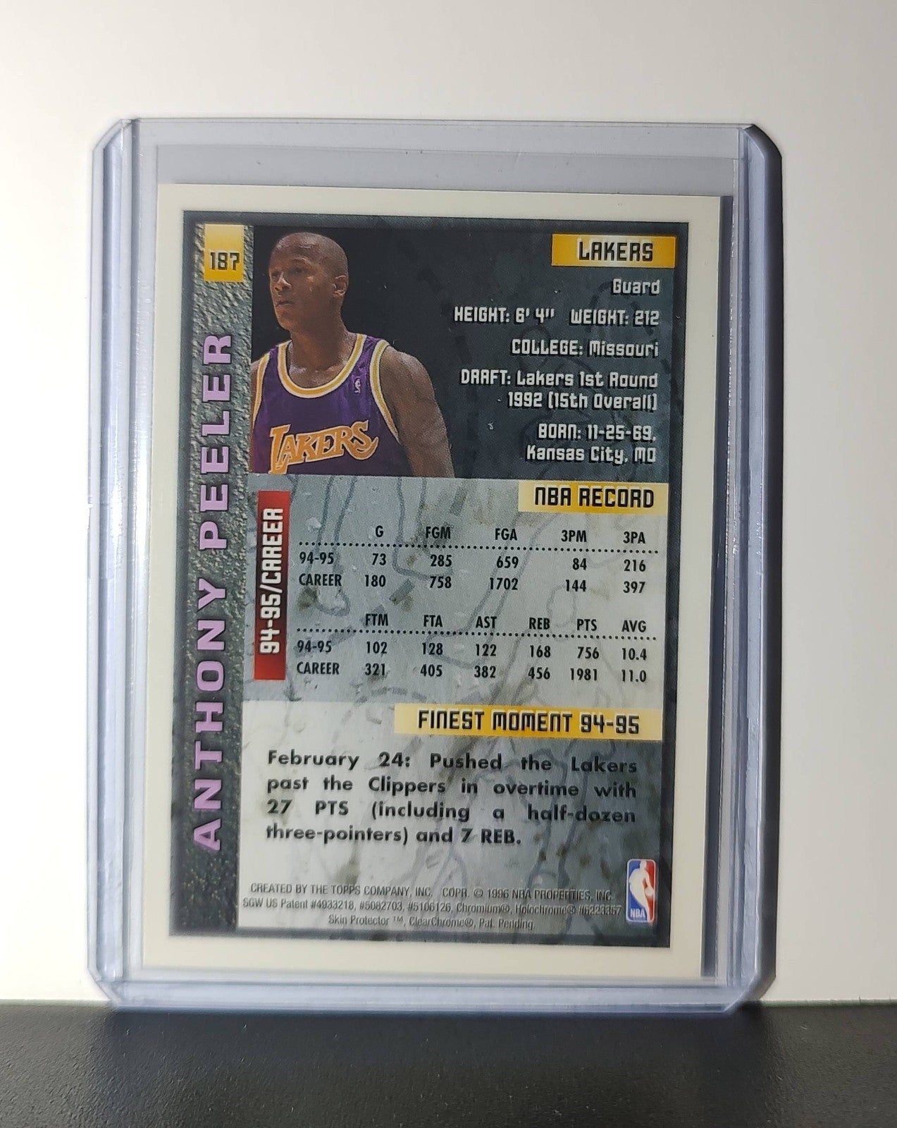 Anthony Peeler 1995-96 Topps Finest NBA #187 Card Lakers