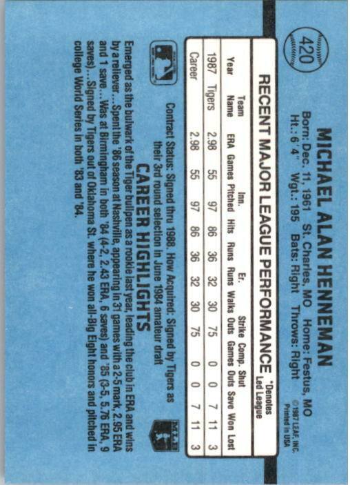 1988 Mike Henneman Donruss Baseball Card #420