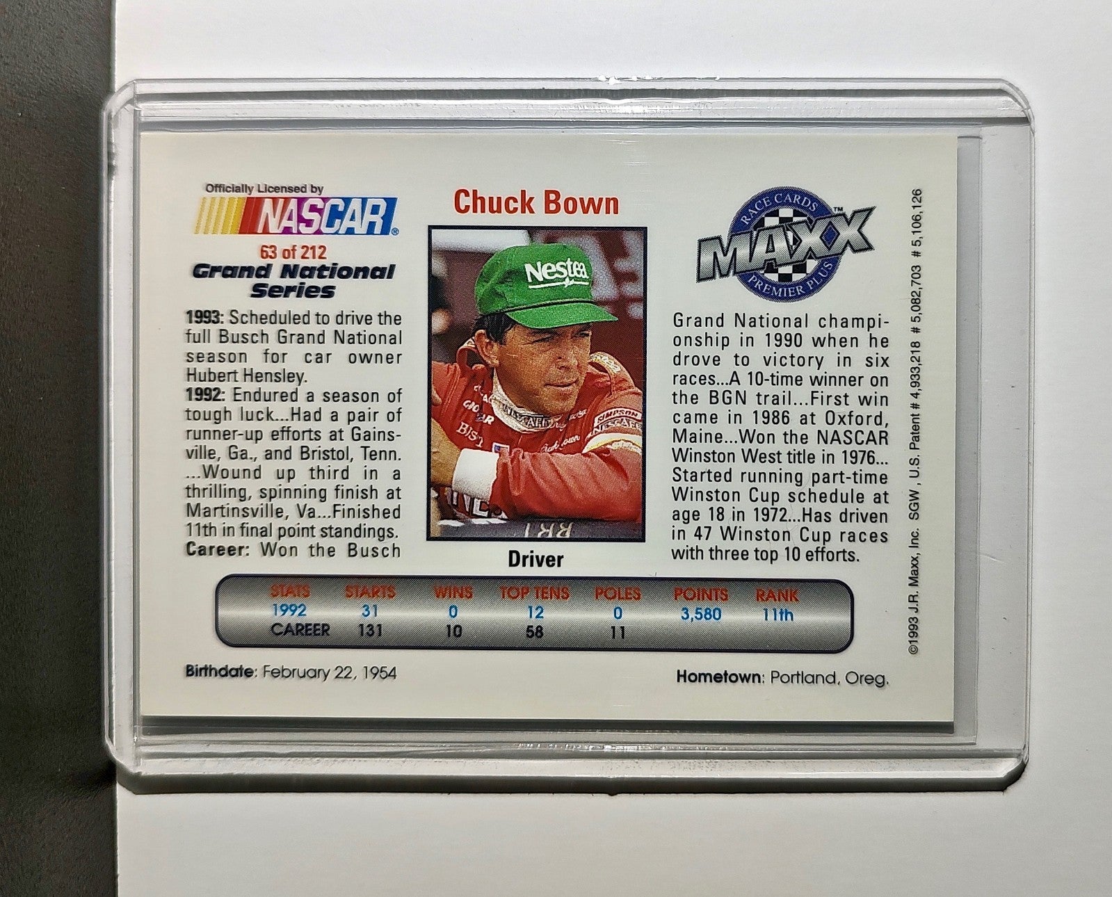Chuck Bown 1993 Maxx Premier Plus Racing #63 NASCAR Card HVP Motorsports