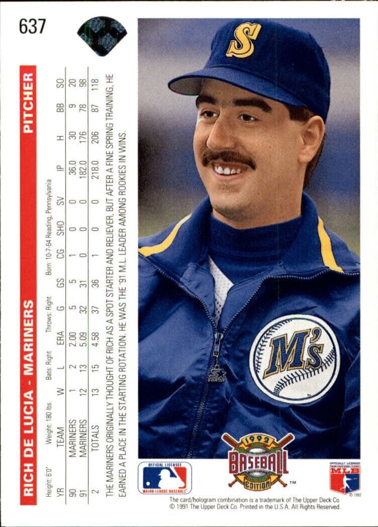 Rich DeLucia 1992 Upper Deck MLB #637 Baseball Card Seattle Mariners