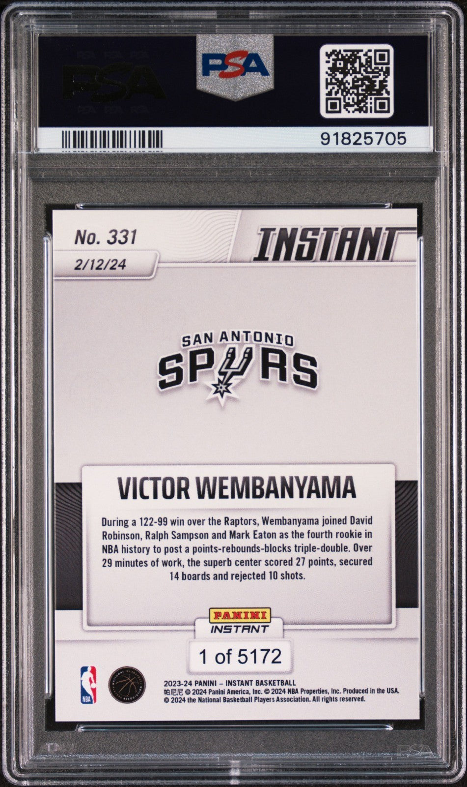 Victor Wembanyama 2023-24 Panini #331 NBA Rookie Card 1 of 5172 PSA 10 GEM MINT