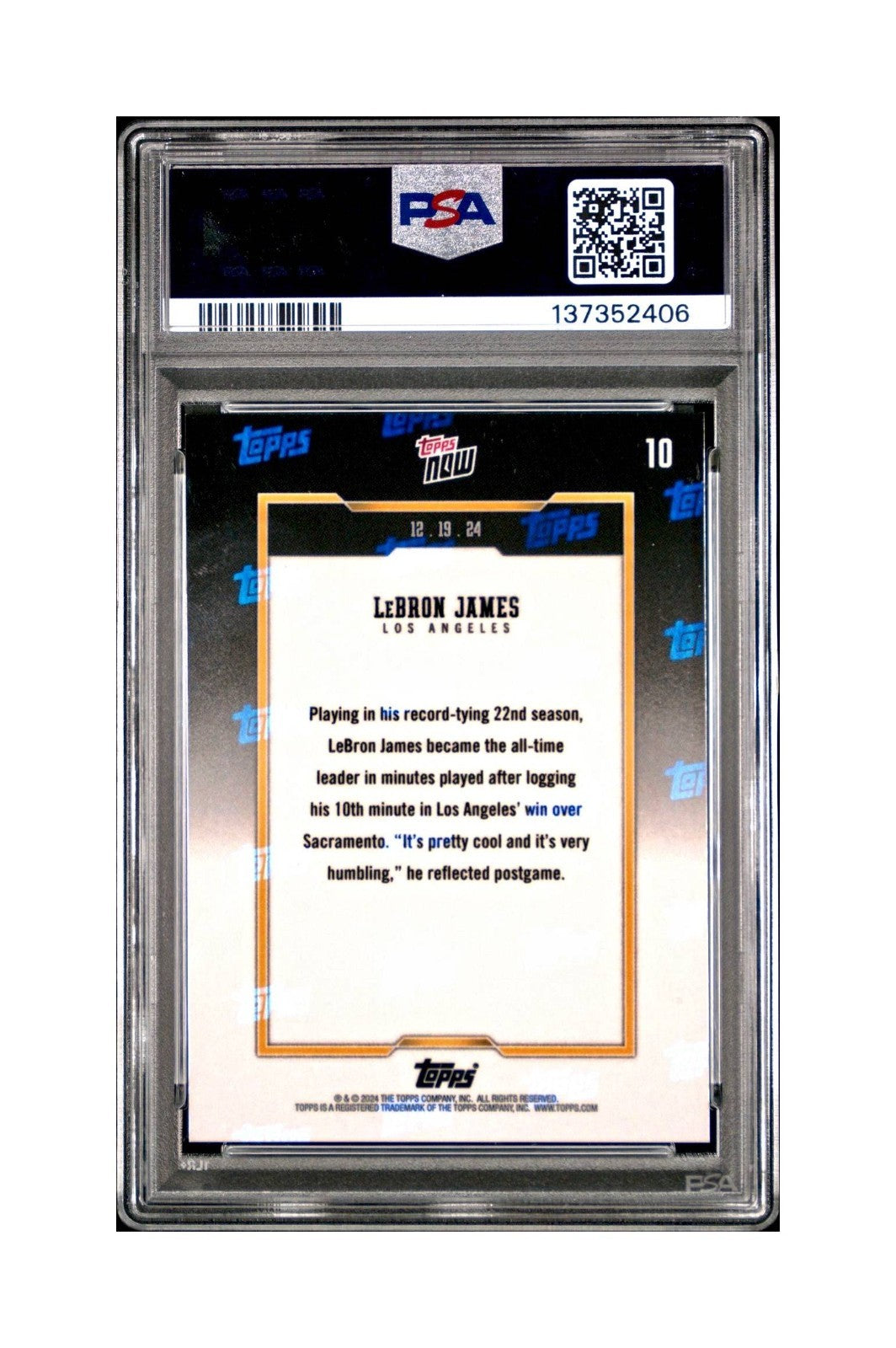LeBron James 2024 Topps Now #10 All-Time Leader Minutes Played PSA 10 Gem Mint