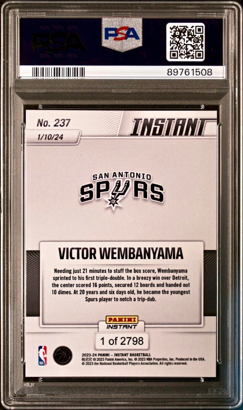 Victor Wembanyama 2023-24 Panini #237 NBA Milestone Rookie Card 1 of 2798 PSA 8