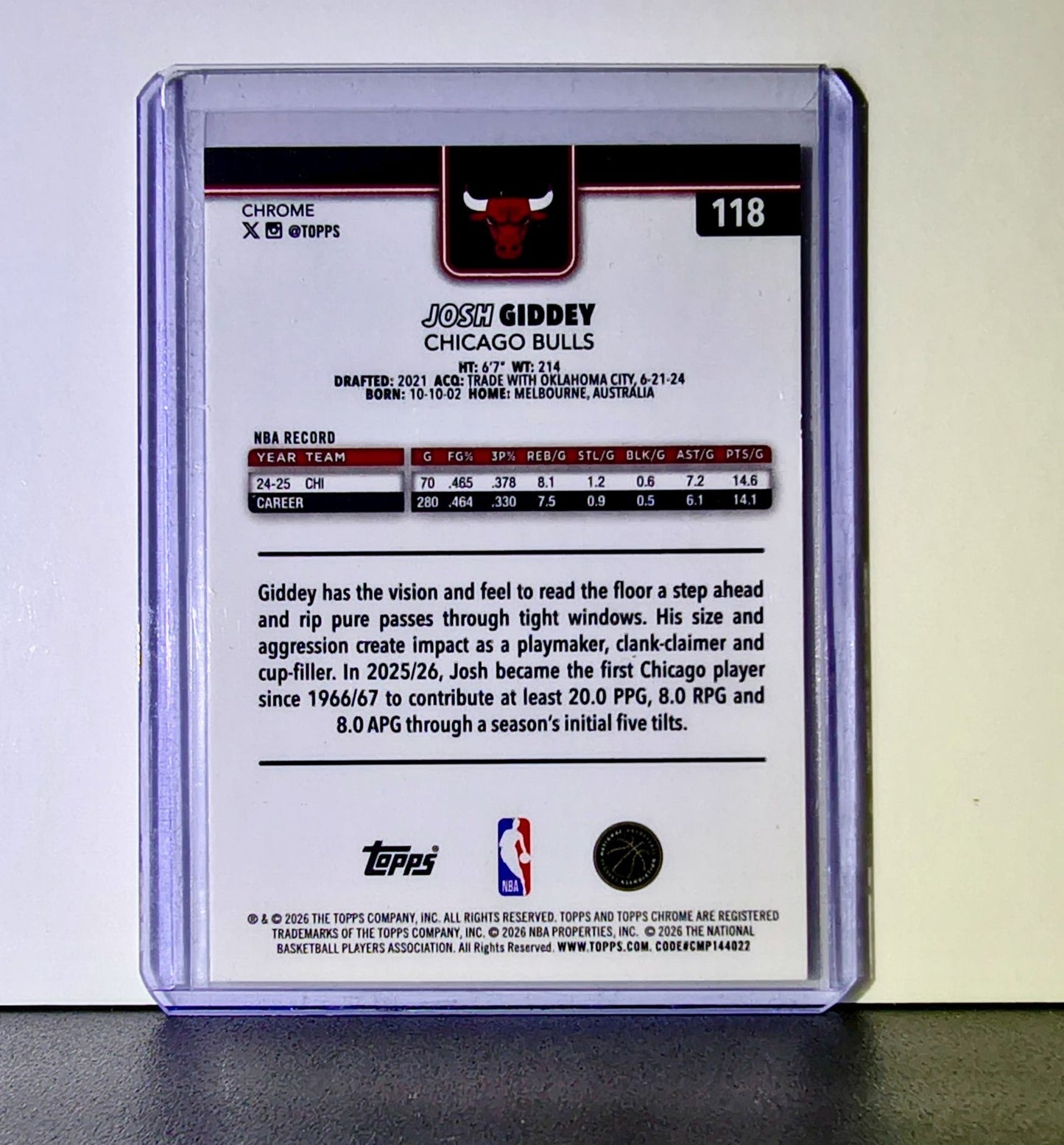 Josh Giddey 2025-26 NBA Topps Chrome Update X-Fractor #118 Card Chicago Bulls