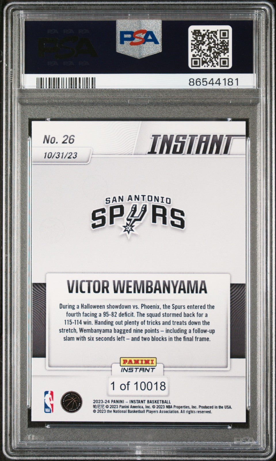 Victor Wembanyama 2023-24 Panini #26 NBA Rookie Card Spurs 1 of 10018 PSA 10 Gem