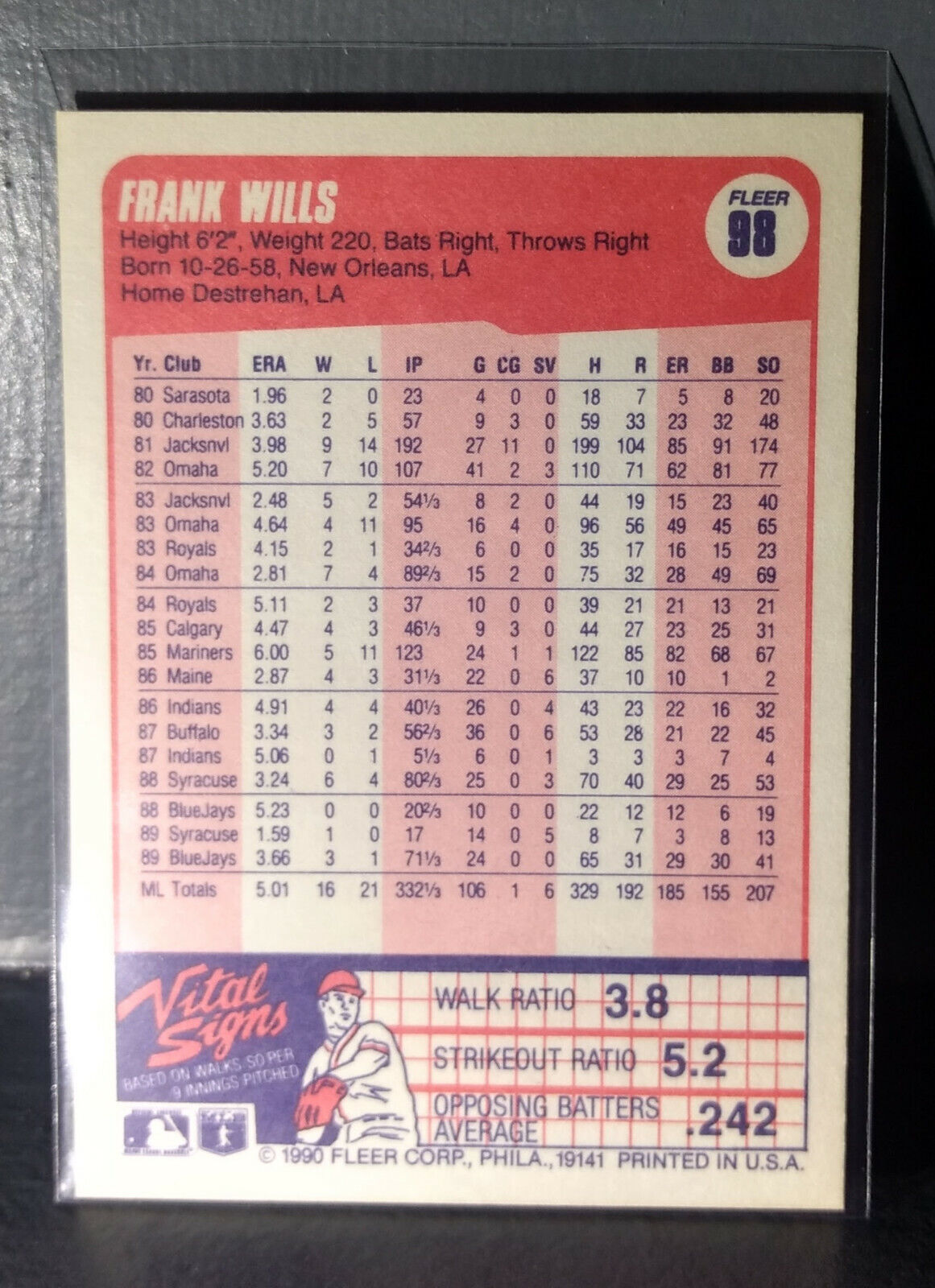 1990 Frank Wills Fleer Baseball Card #98