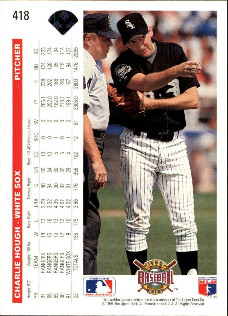 Charlie Hough 1992 Upper Deck MLB #418 Baseball Card Chicago White Sox