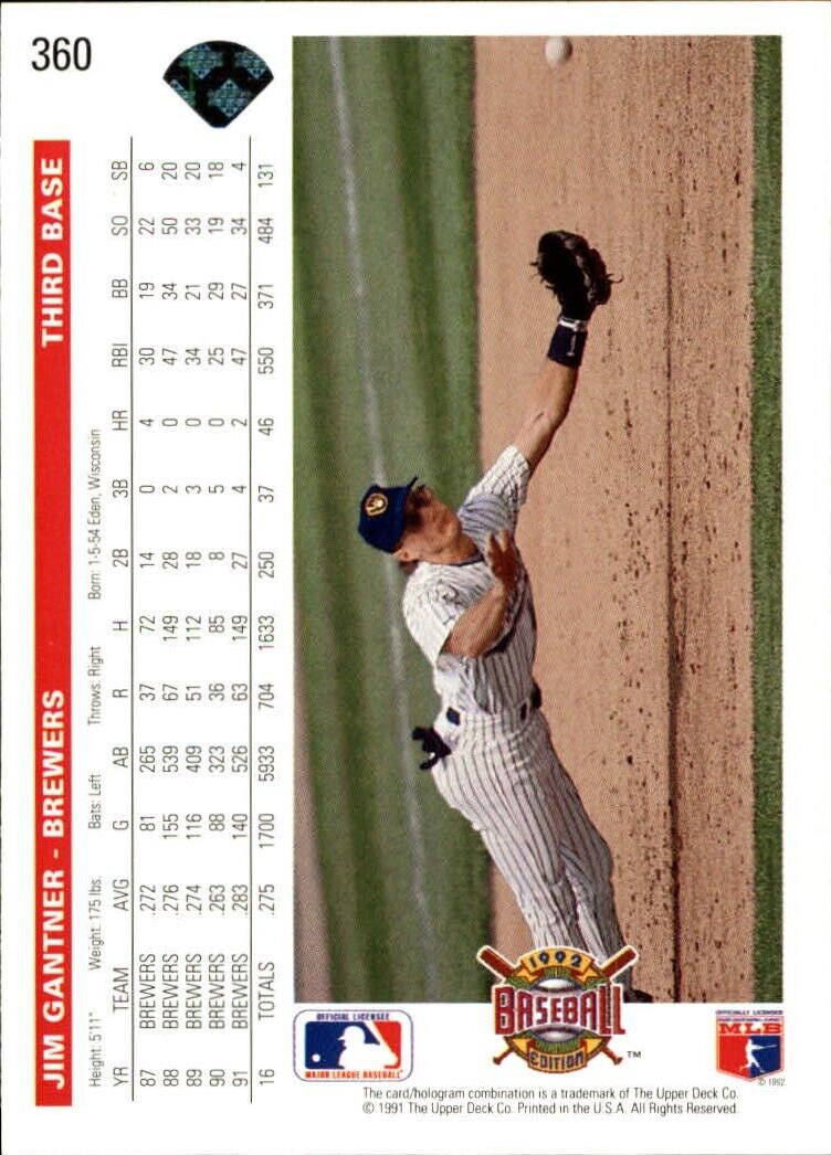 Jim Gantner 1992 Upper Deck MLB #360 Baseball Card Milwaukee Brewers