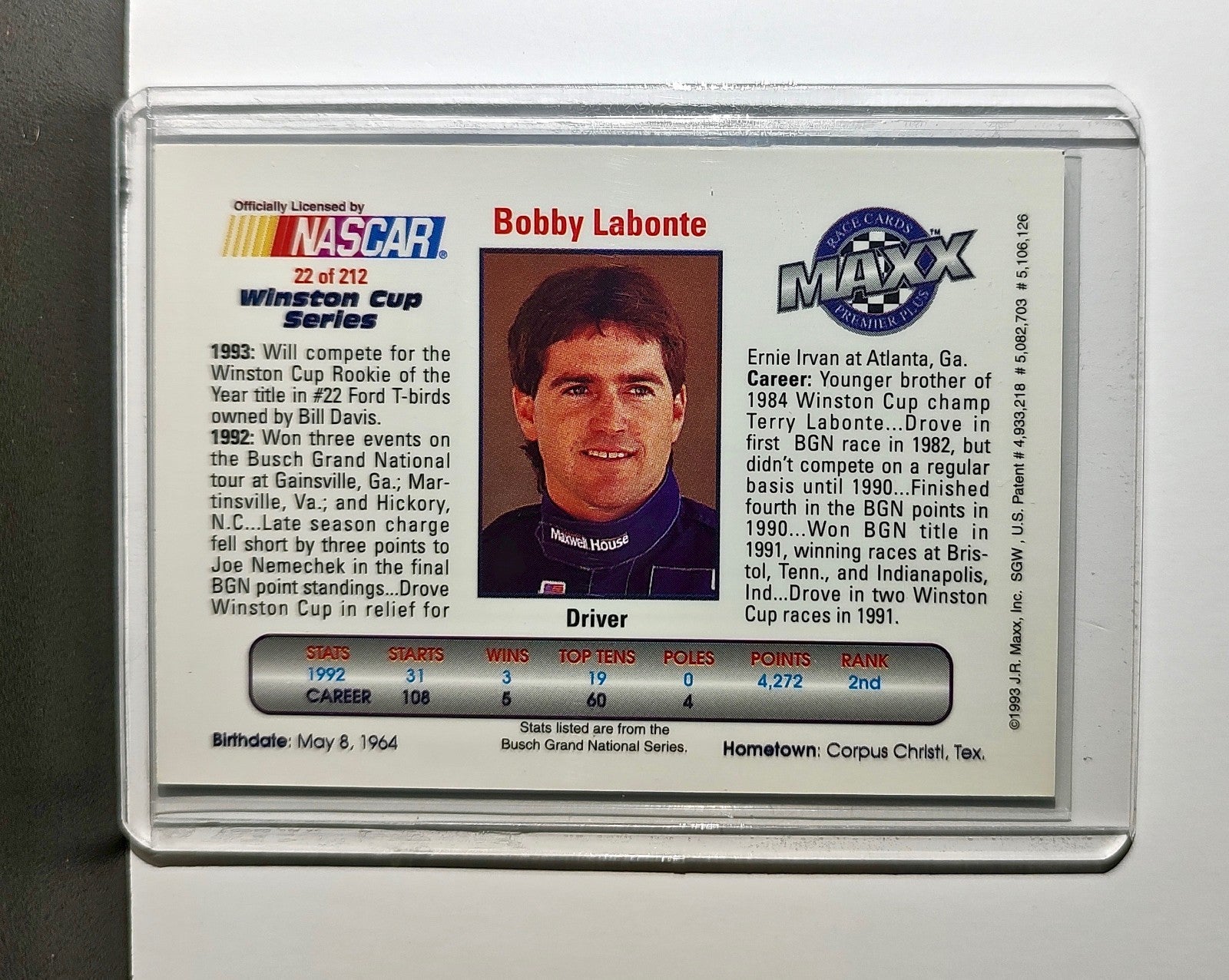 Bobby Labonte 1993 Maxx Premier Plus Racing #22 NASCAR Card Bill Davis Racing
