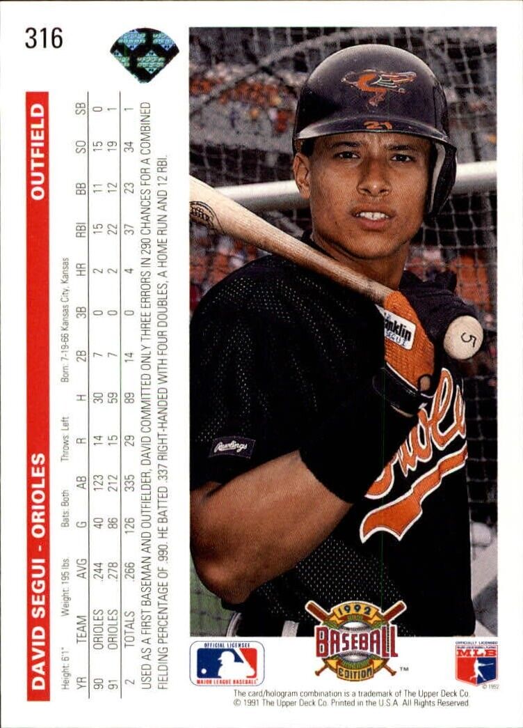 David Segui 1992 Upper Deck MLB #316 Baseball Card Baltimore Orioles