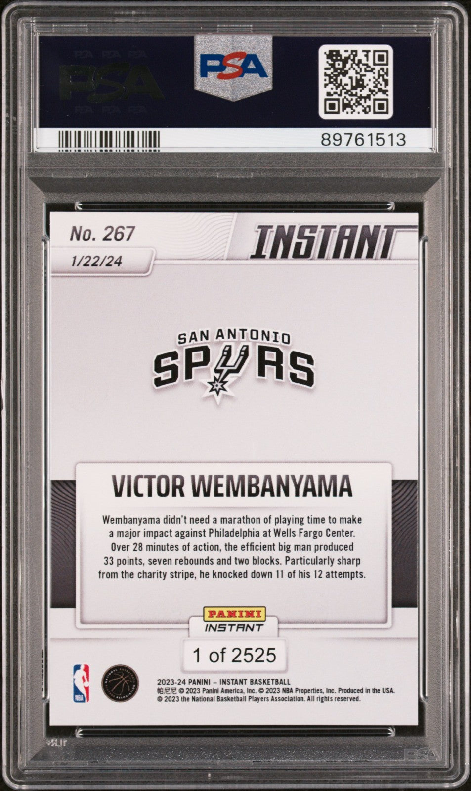 Victor Wembanyama 2023-24 Panini #267 NBA Rookie Card 1 of 2525 PSA 10 Gem Mint