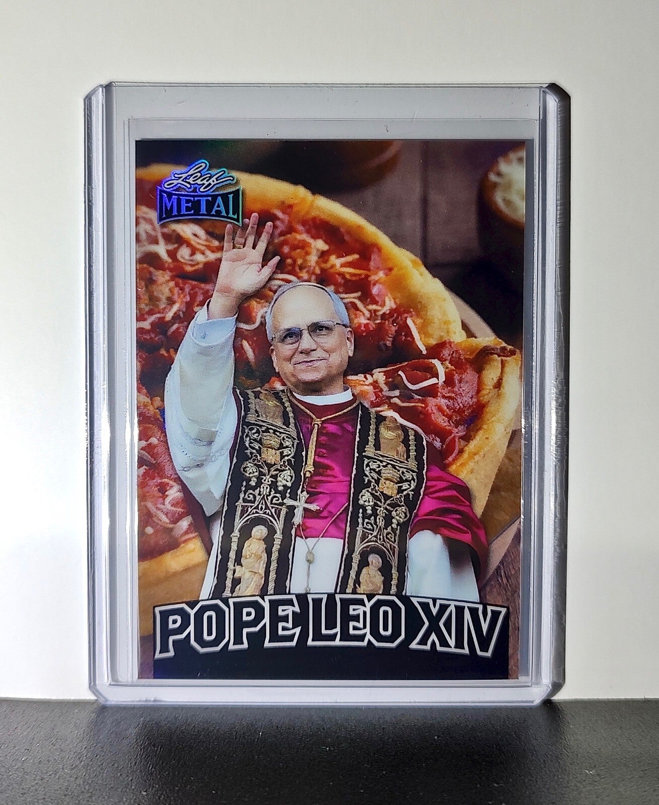 Pope Leo XIV 2025 Leaf Metal Trading Card Deep Dish Pizza Parallel /569