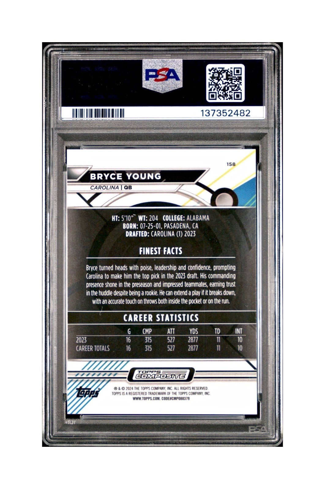 Bryce Young 2023 Topps Finest #158 Rookie Purple Refractor 016/250 PSA 9 Mint