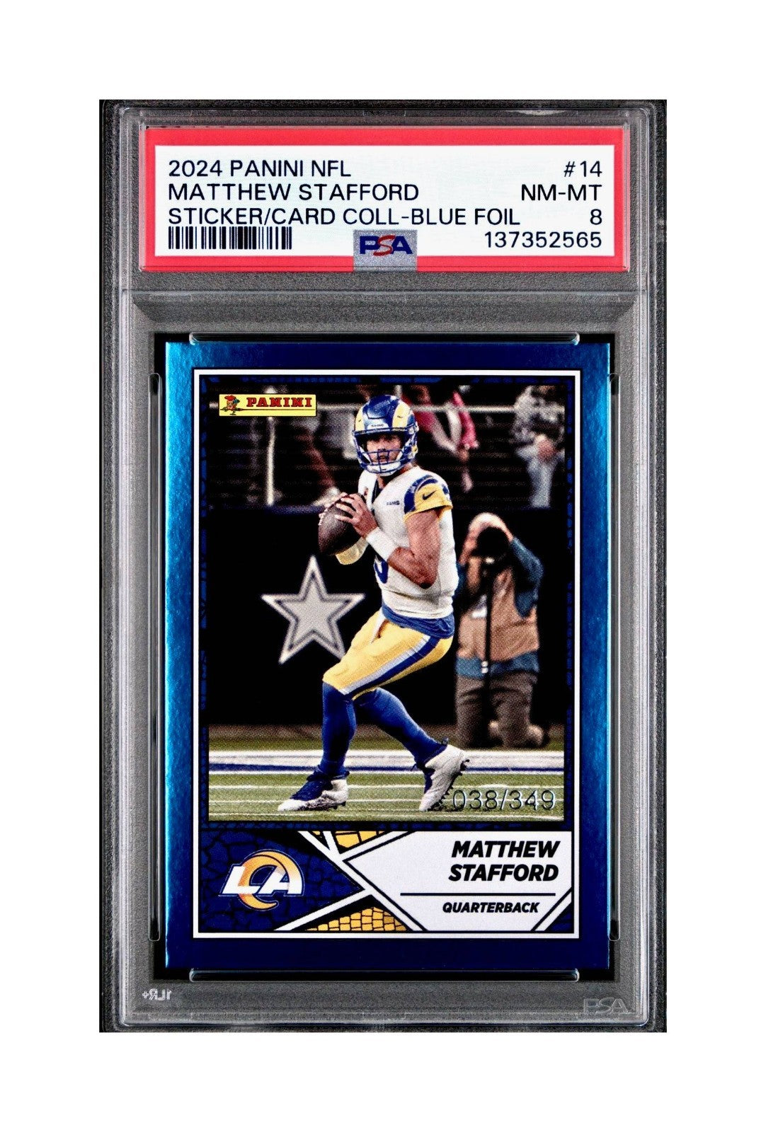 Matthew Stafford 2024 Panini Sticker Collection 38/349 #14 Blue Foil PSA 8 NM-MT