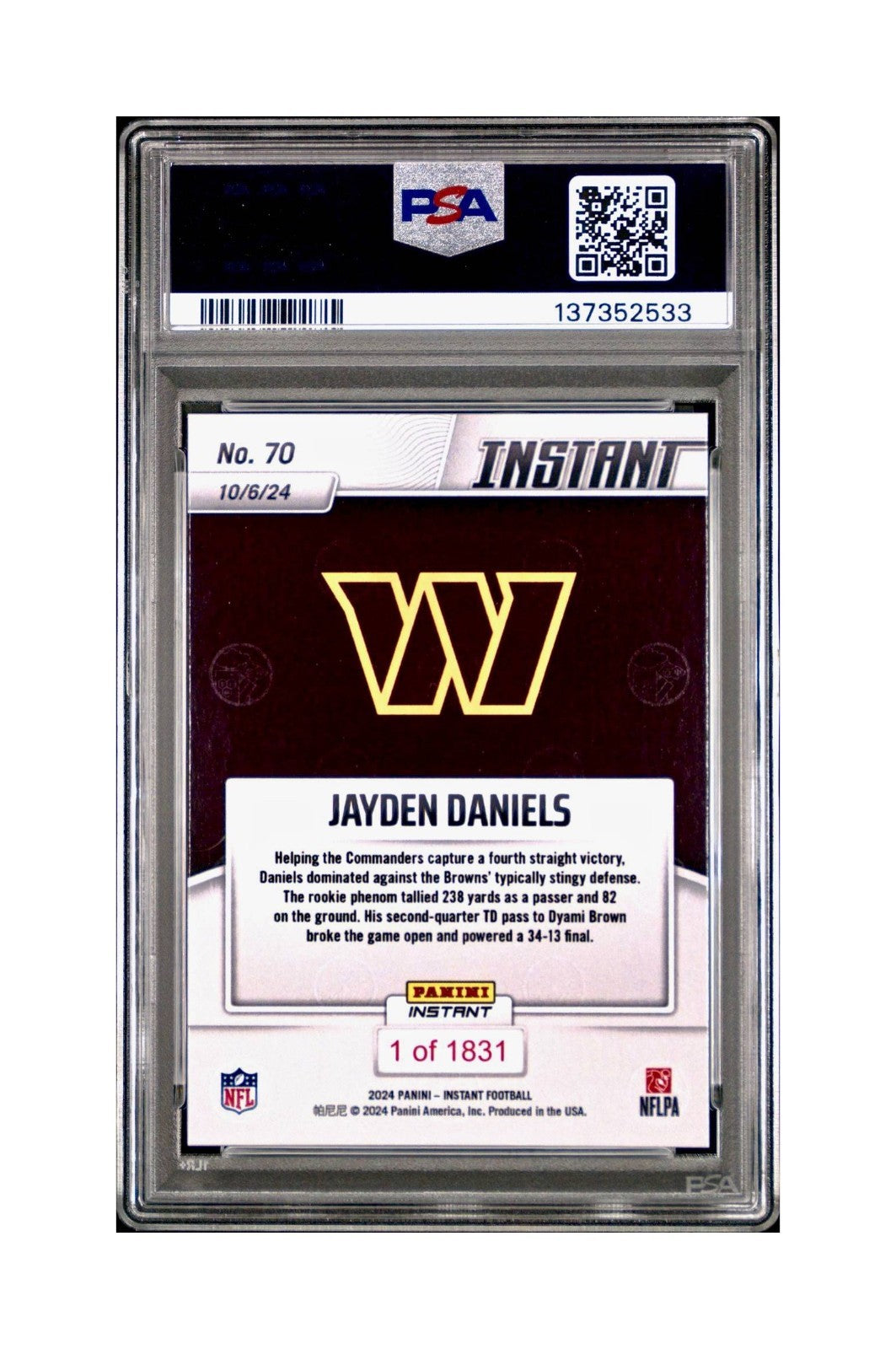 Jayden Daniels Rookie 2024 Panini Instant NFL #70 PSA 10 Gem Mint