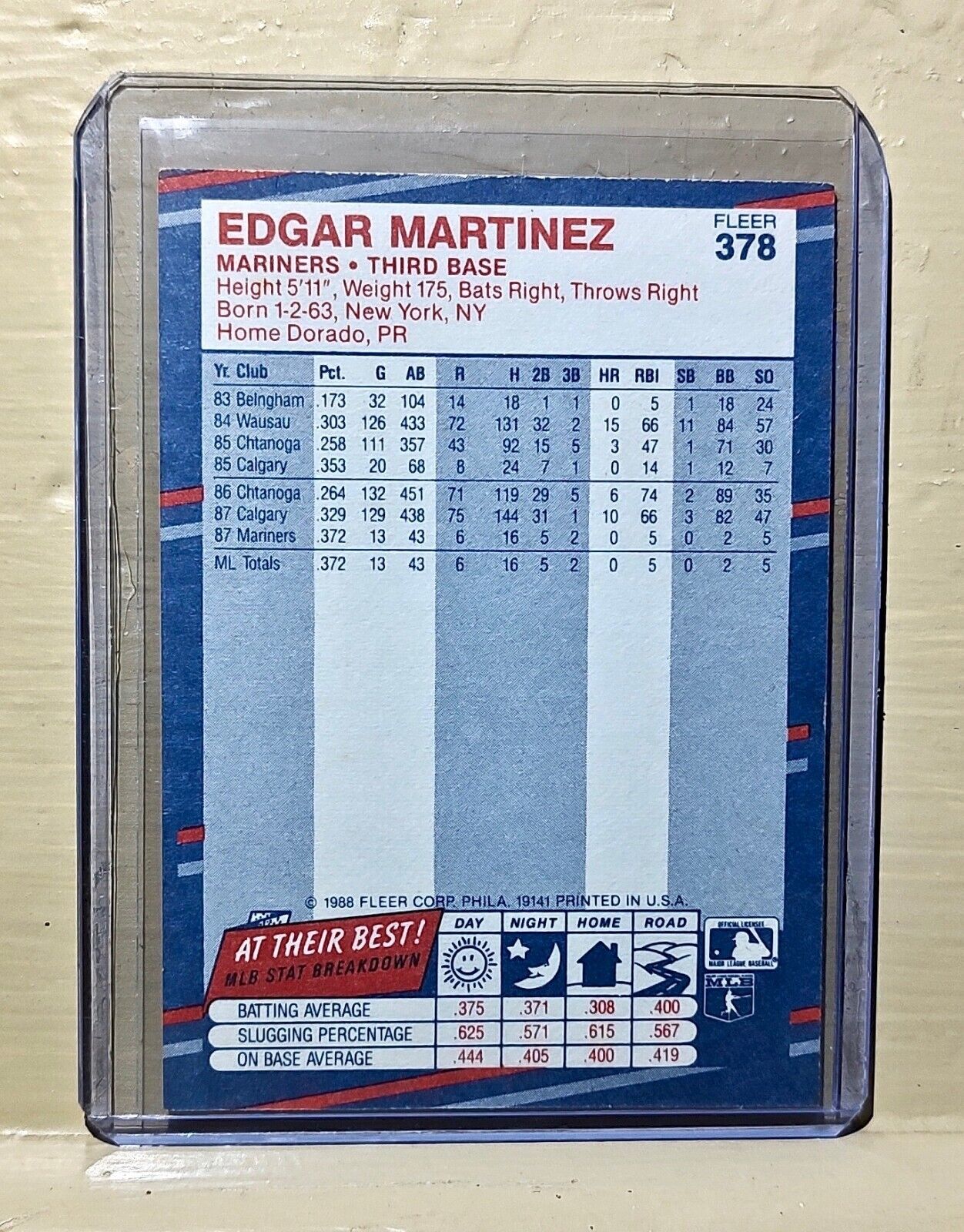 Edgar Martinez 1988 Fleer MLB #378 Baseball Card Seattle Mariners