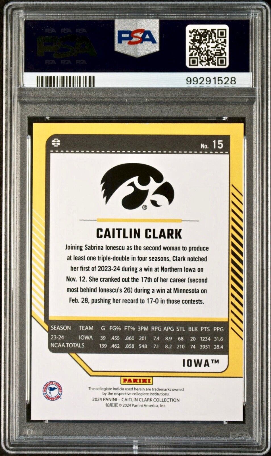 Caitlin Clark 2024 Panini Donruss Parallel #15 Basketball Card PSA 9 Mint