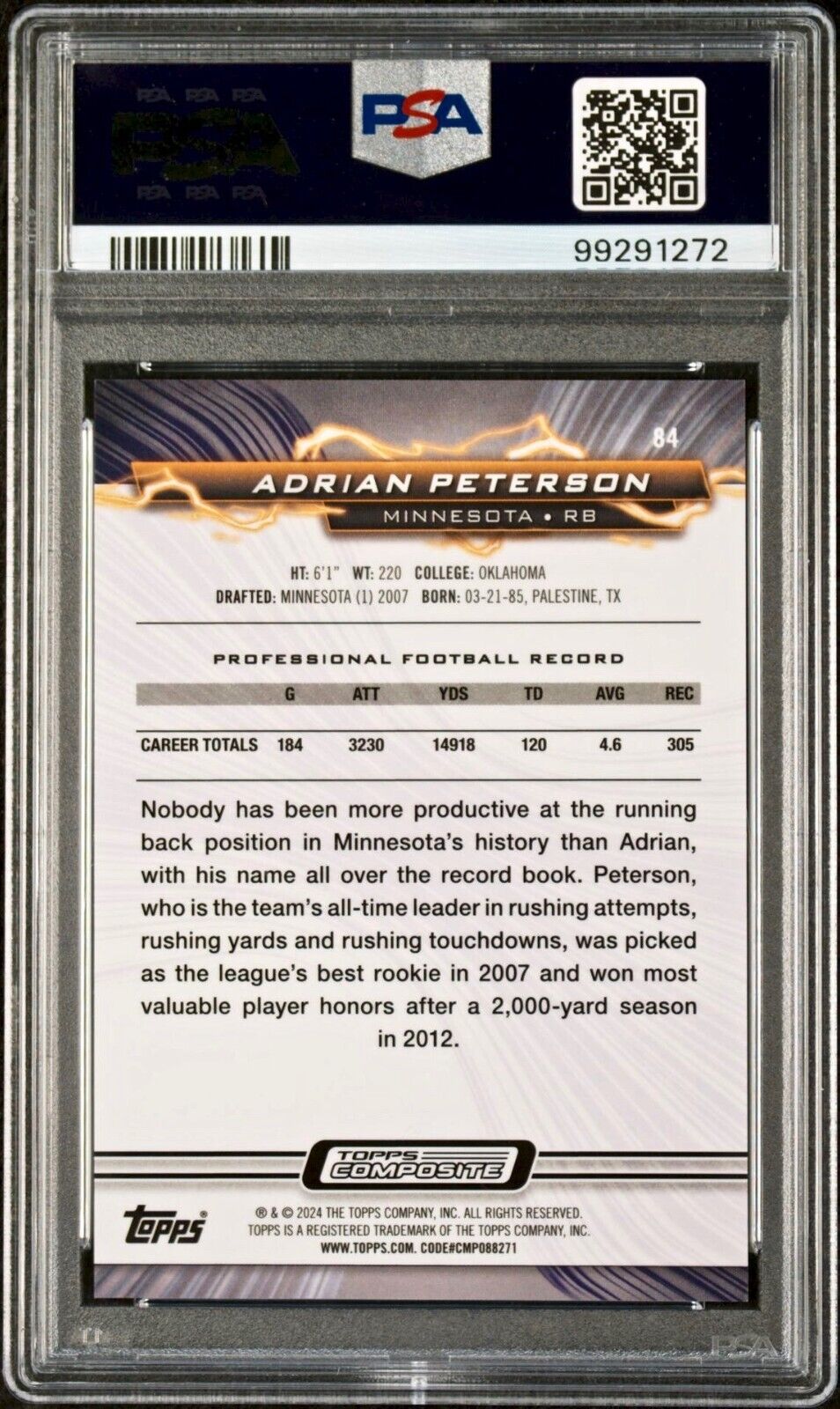 Adrian Peterson 2023 Topps Resurgence Yellow Surge NFL #84 060/200 Card PSA 10