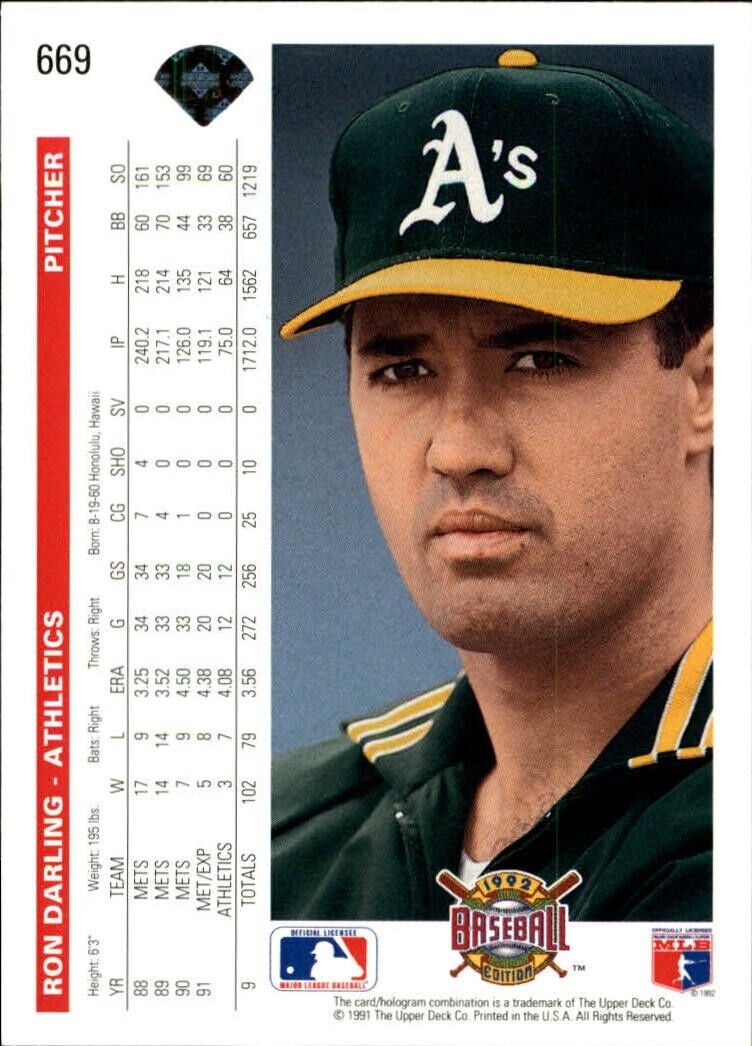 Ron Darling 1992 Upper Deck MLB #669 Baseball Card Oakland Athletics