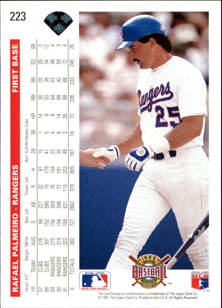 Rafael Palmeiro 1992 Upper Deck MLB #223 Baseball Card Texas Rangers