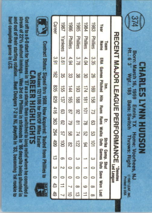 1988 Charles Hudson Donruss Baseball Card #374