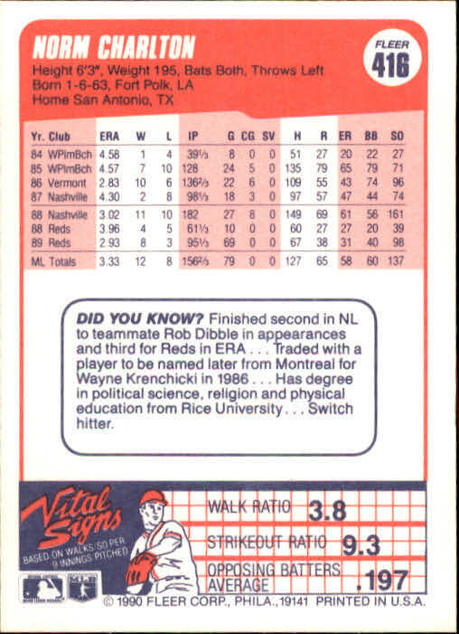 1990 Norm Charlton Fleer Baseball Card #416