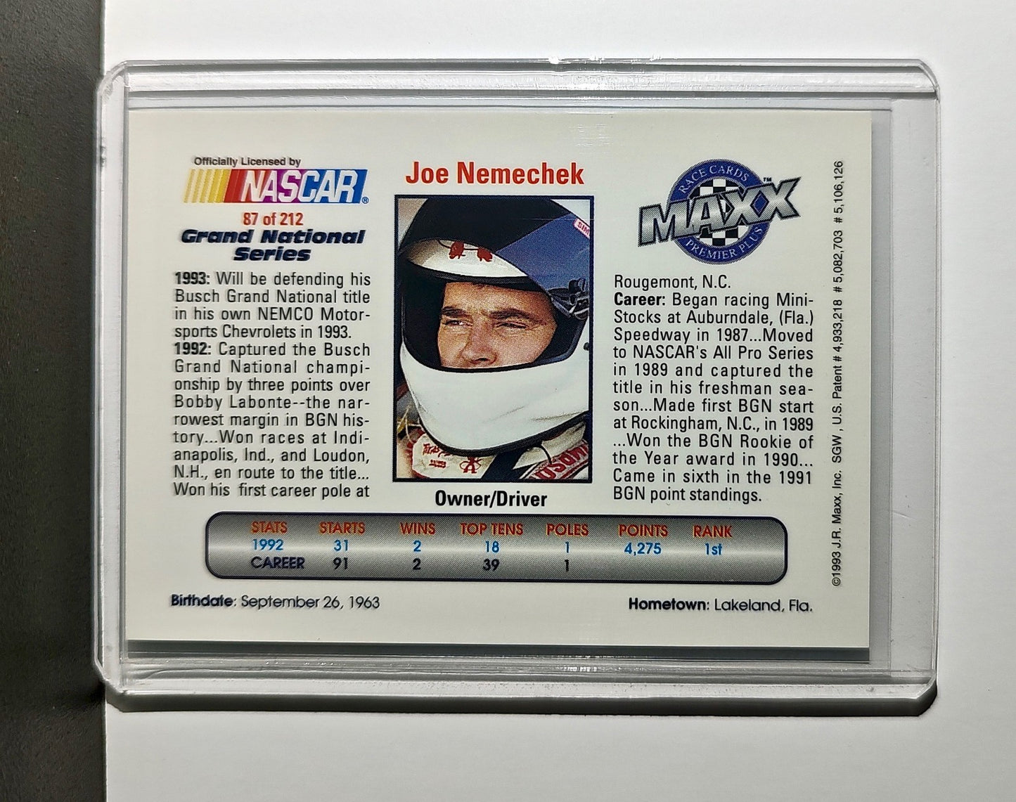 Joe Nemechek 1993 Maxx Premier Plus Racing #87 NASCAR Card NEMCO Motorsports