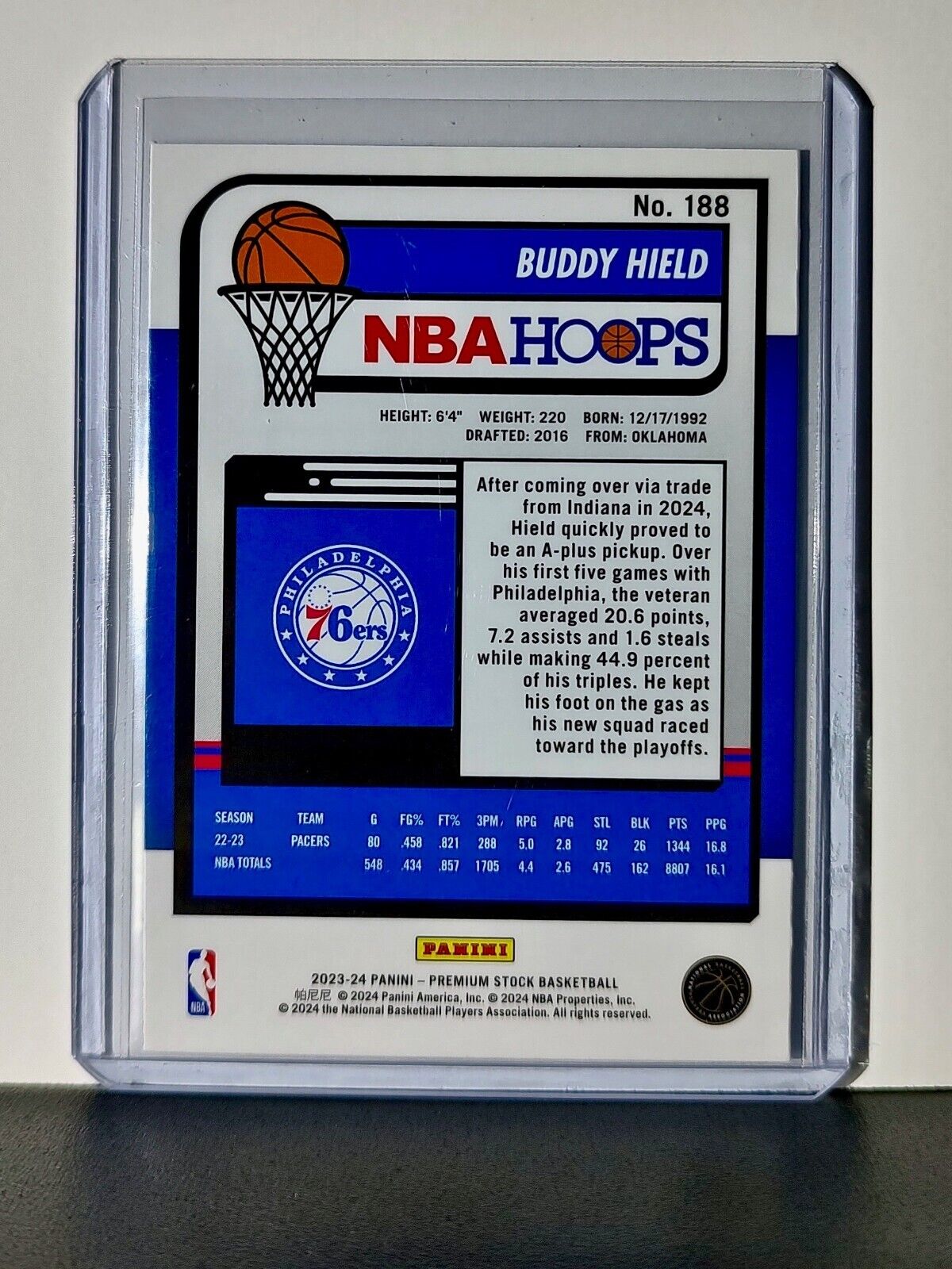 Buddy Hield 2023-24 Panini Premium Stock NBA Hoops #188 Card Philadelphia 76ers