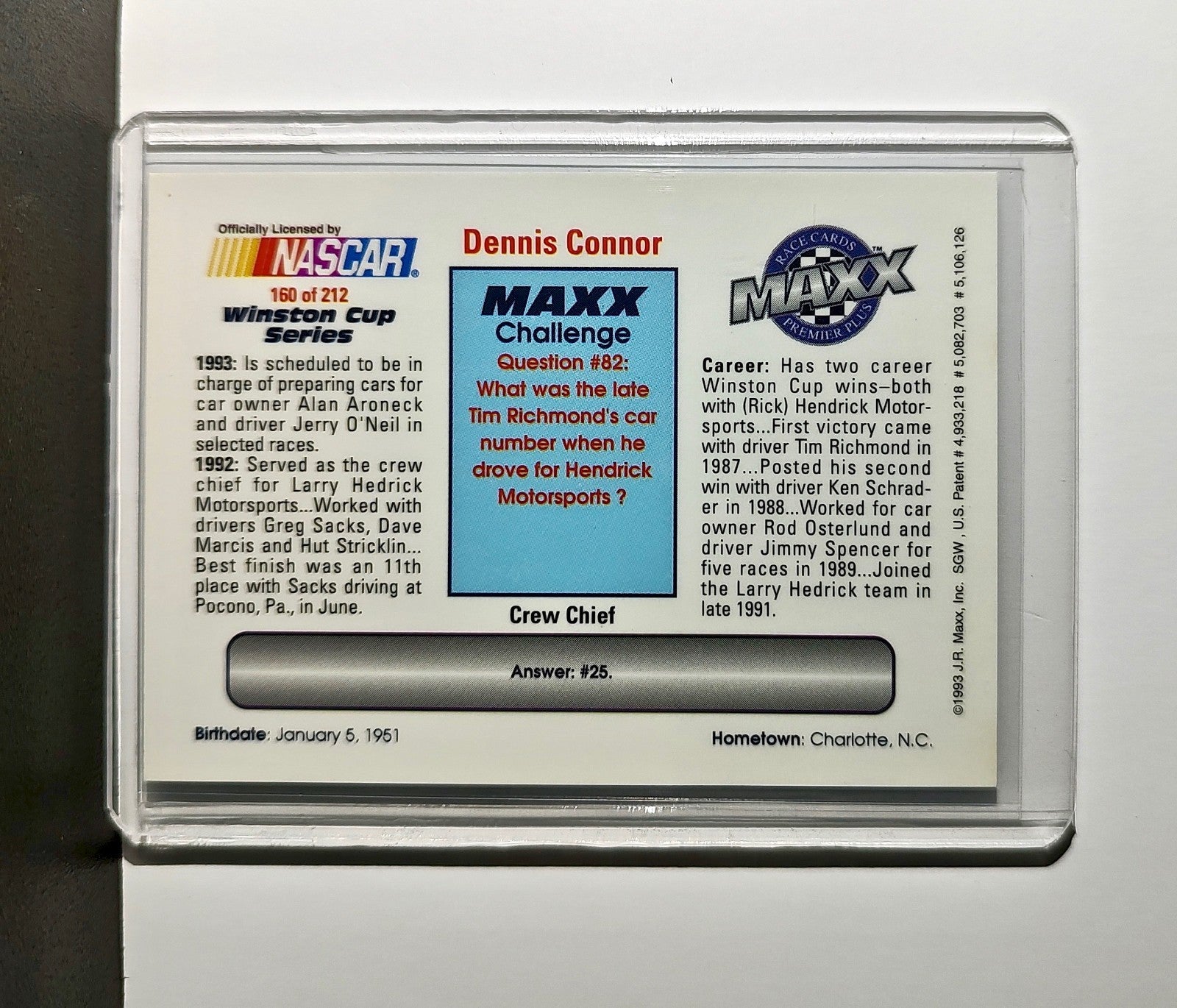 Dennis Connor 1993 Maxx Premier Plus Racing #160 NASCAR Card Aroneck Racing