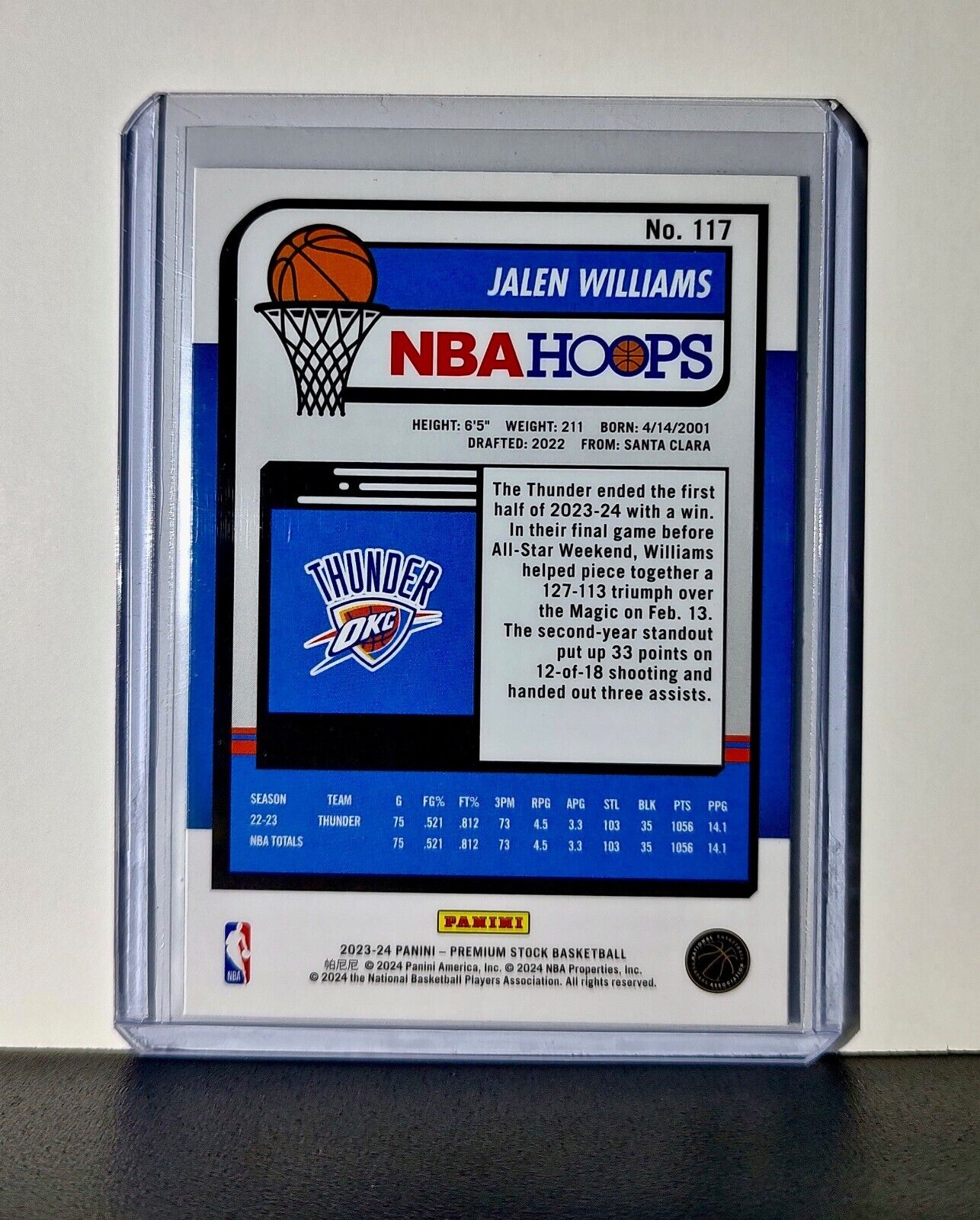 Jalen Williams 2023-24 Panini Premium Stock NBA Hoops #117 Card OC Thunder