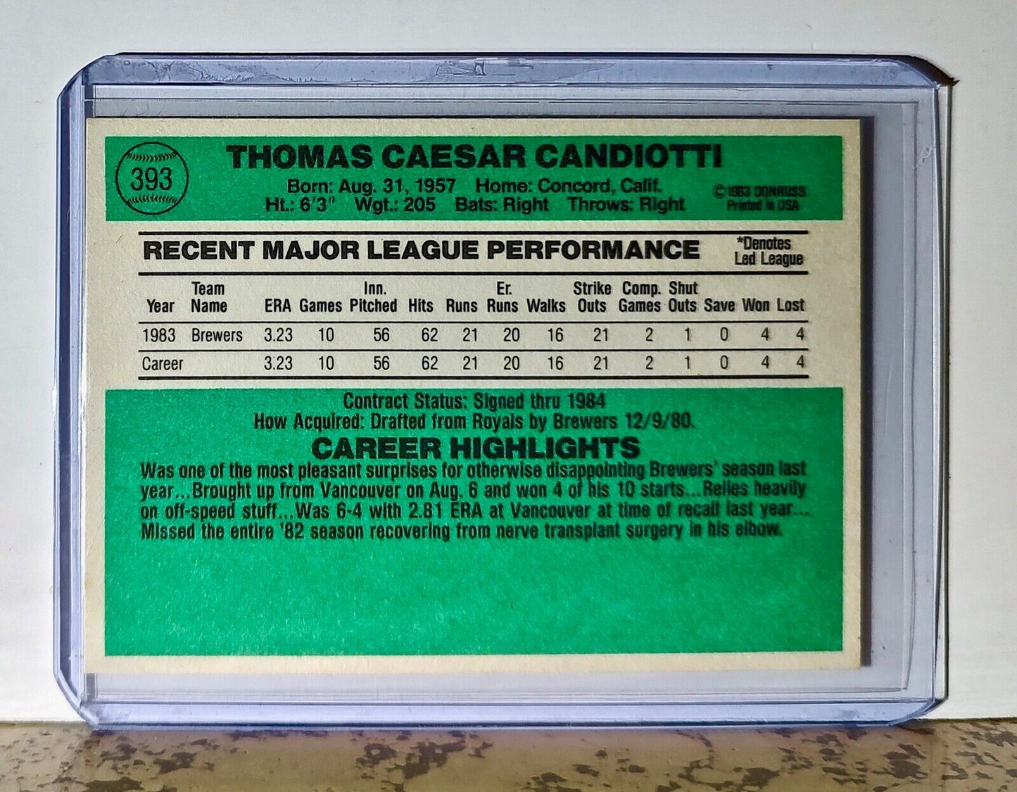 Tom Candiotti 1984 Donruss MLB #393 Baseball Card Milwaukee Brewers