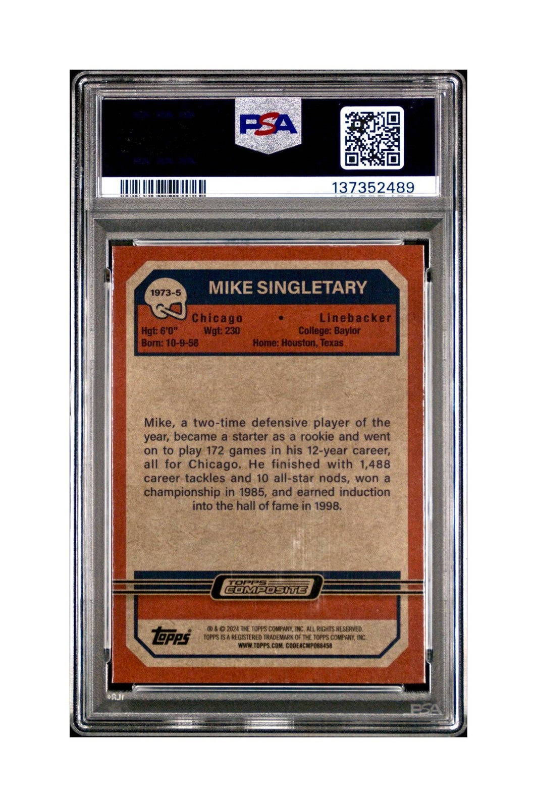 Mike Singletary 2023 Topps Chrome 1973 22/25 Orange Refractor #1973-5 PSA 10 Gem
