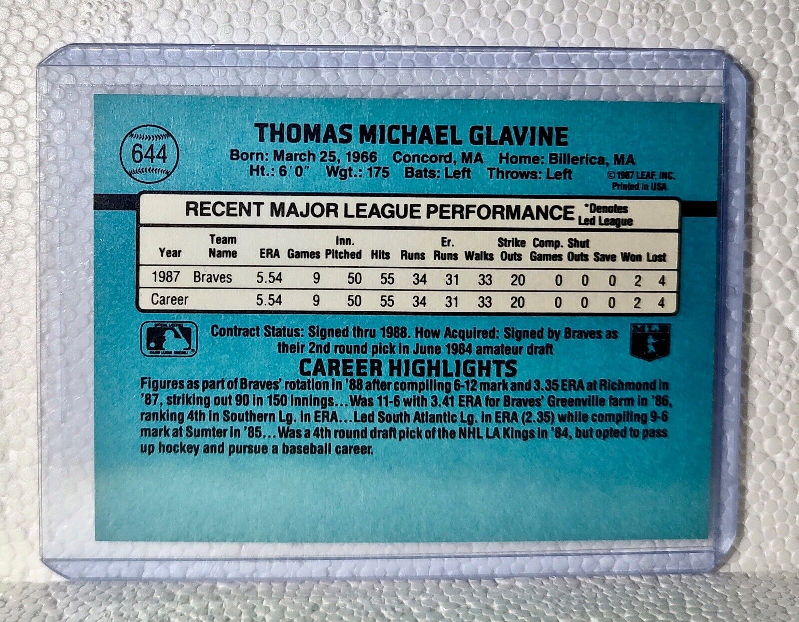 Tom Glavine 1987 Donruss MLB #644 Baseball Card Atlanta Braves