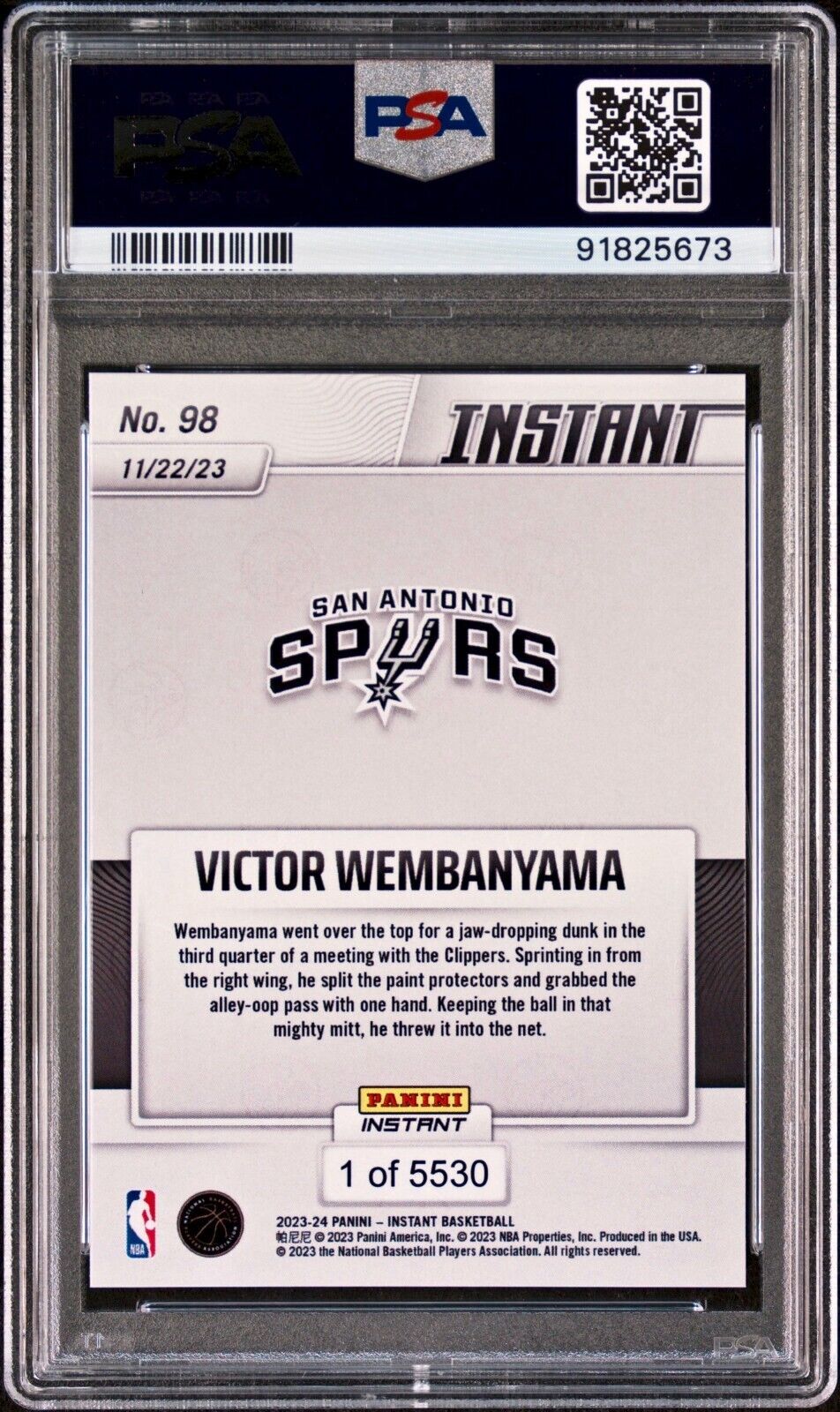 Victor Wembanyama 2023-24 Panini #98 NBA Rookie Card Spurs 1 of 5530 PSA 9 Mint