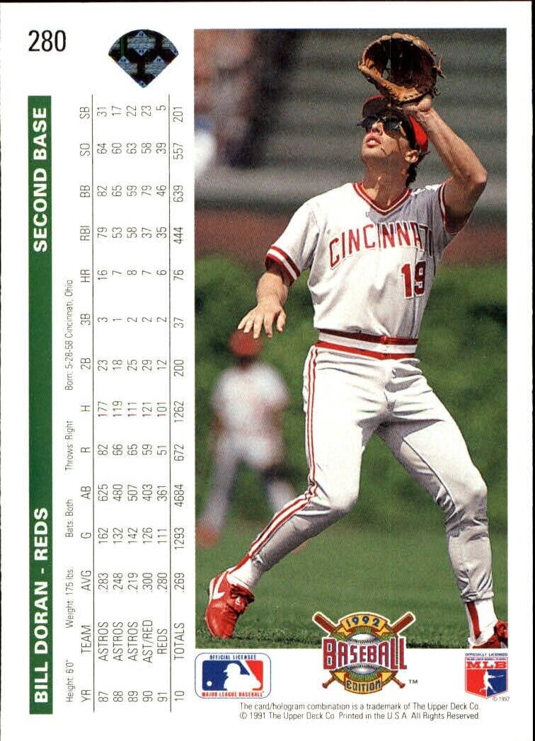 Bill Doran 1992 Upper Deck MLB #280 Baseball Card Cincinnati Reds