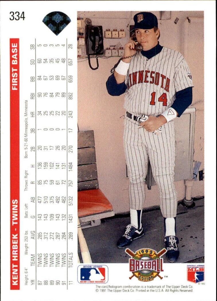 Kent Hrbek 1992 Upper Deck MLB #334 Baseball Card Minnesota Twins